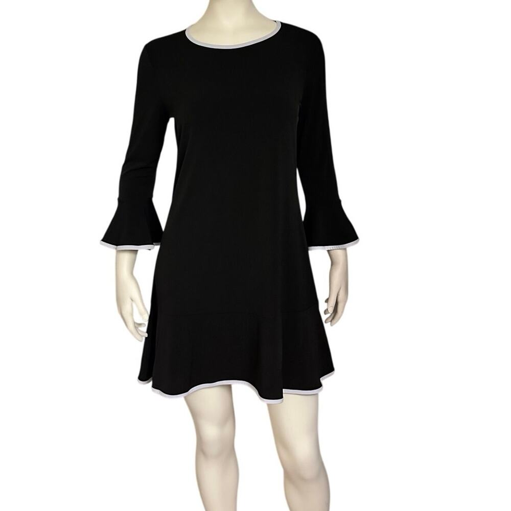 Michael Kors Dress Womens LP Large Petite Black White Trim Bell Sleeve Ruffle